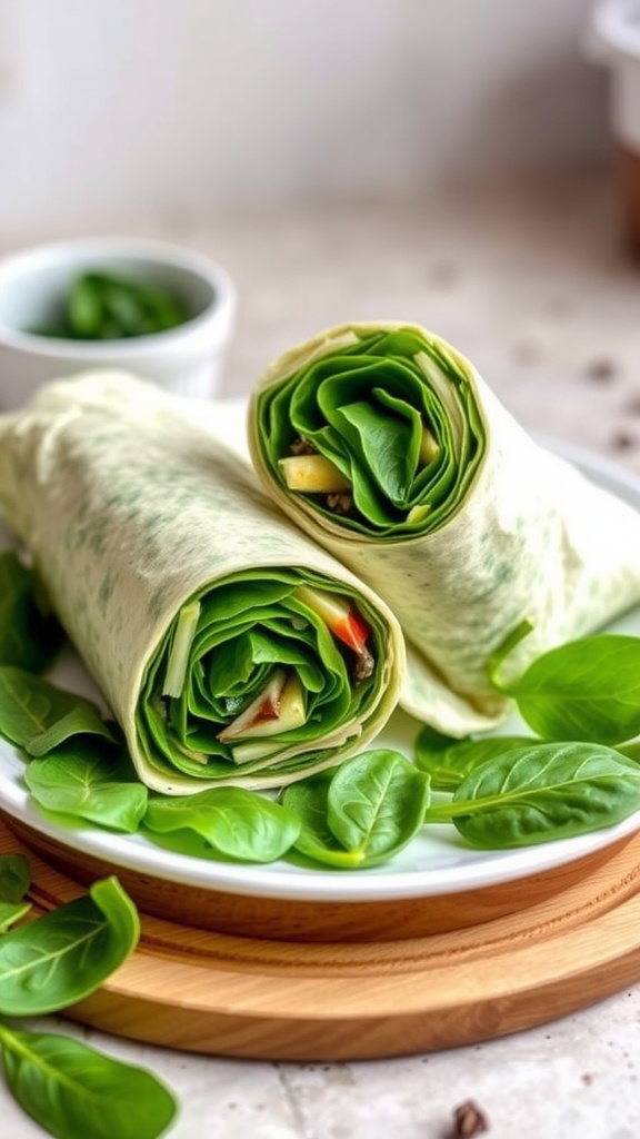 Two spinach wraps sliced in half on a wooden platter, surrounded by fresh spinach leaves.